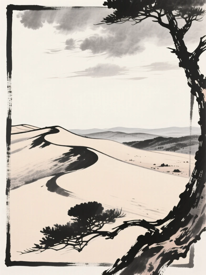 A wide desert dune ridge stretching under an open sky under a wide open sky scattered with drifting clouds, framed through a gap in the trees, revealing the valley beyond, carrying a feeling of timeless peace and stillness.