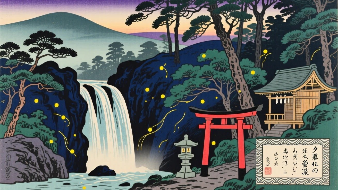 A hidden forest waterfall, glowing softly with fireflies at dusk.