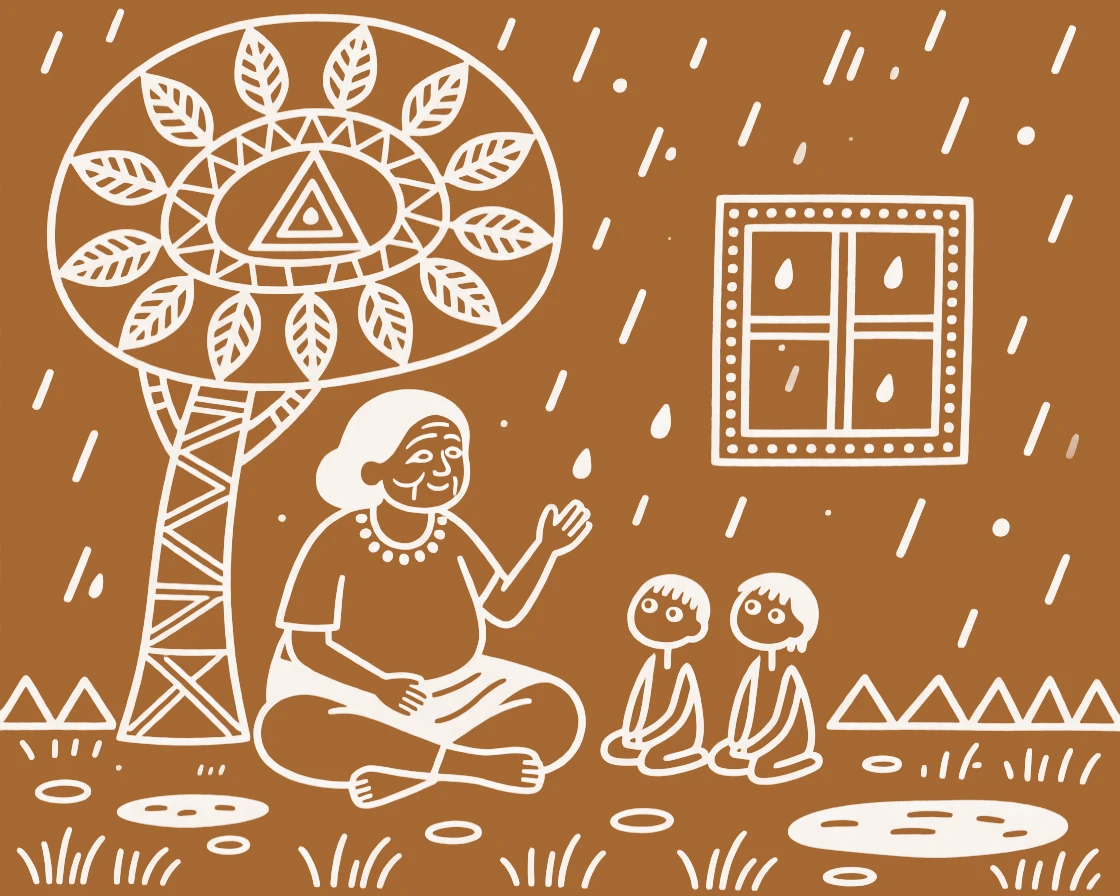 A grandmother sitting together under a tree telling stories by a window during the monsoon.