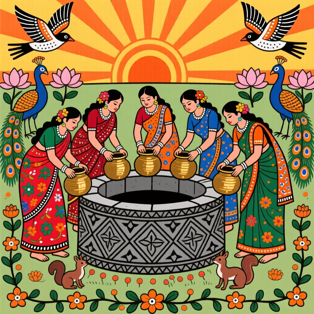 A village well surrounded by women filling brass pots at sunrise.