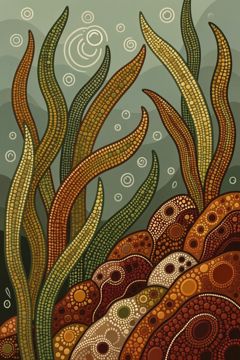 A kelp forest swimming near a rocky reef