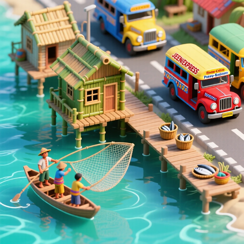 A miniature Filipino village with bamboo stilt houses over turquoise water, fishermen casting nets, and jeepneys painted in vibrant patterns on a nearby road.