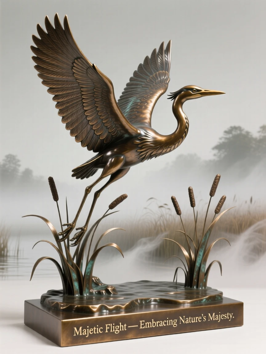 A majestic heron taking flight over a misty marsh, set against a breathtaking natural backdrop, evoking wonder and majesty