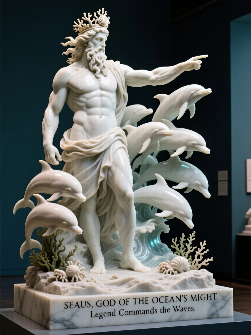 A sea god commanding a school of dolphins, bathed in an otherworldly glow, radiating power and legend