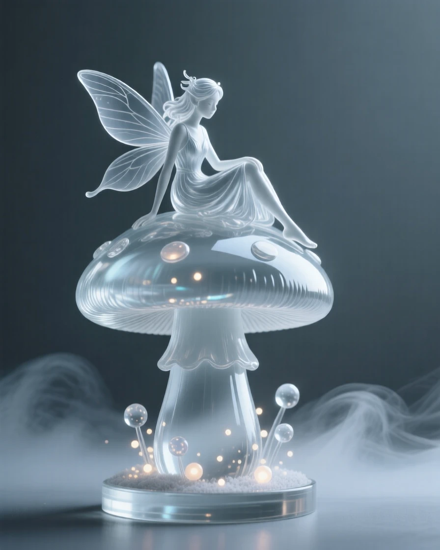A fairy resting on a giant mushroom surrounded by softly glowing particles and gentle mist, wide cinematic composition, radiating magic and serenity.