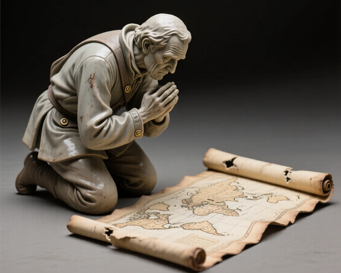 A explorer studying an old world map kneeling in reverent tribute, with weathered features telling silent stories, evoking reverence for ancient tradition.