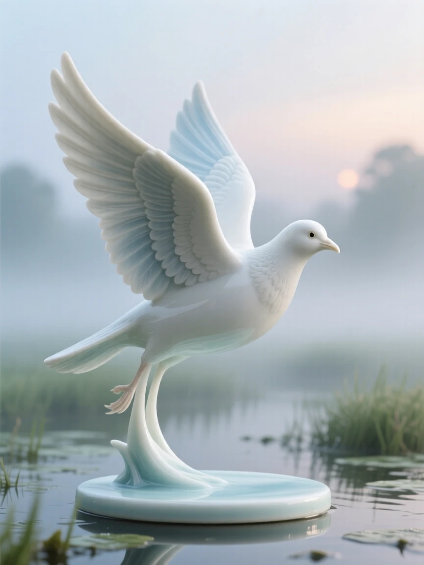 A elegant dove in a misty wetland at dawn, caught mid-flight against a soft sky.