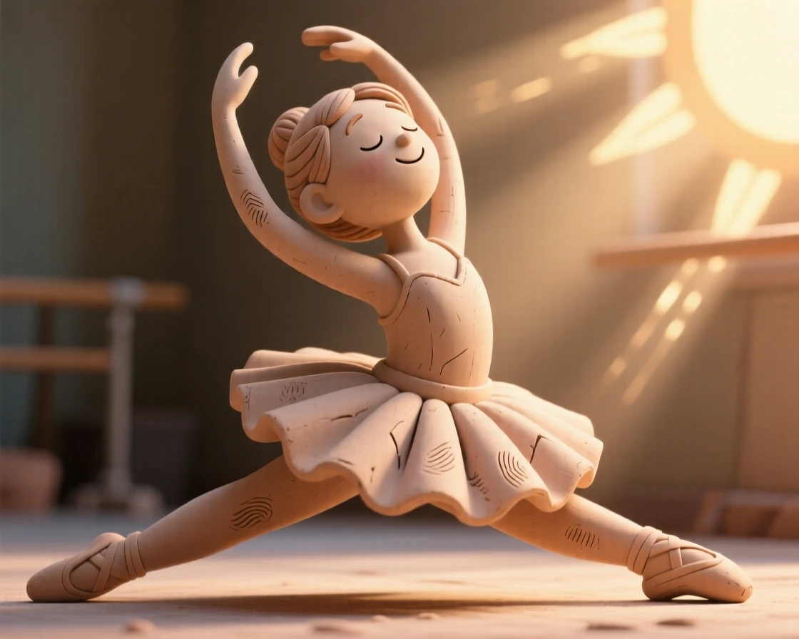 A ballerina stretching gracefully in a sunbeam before rehearsal