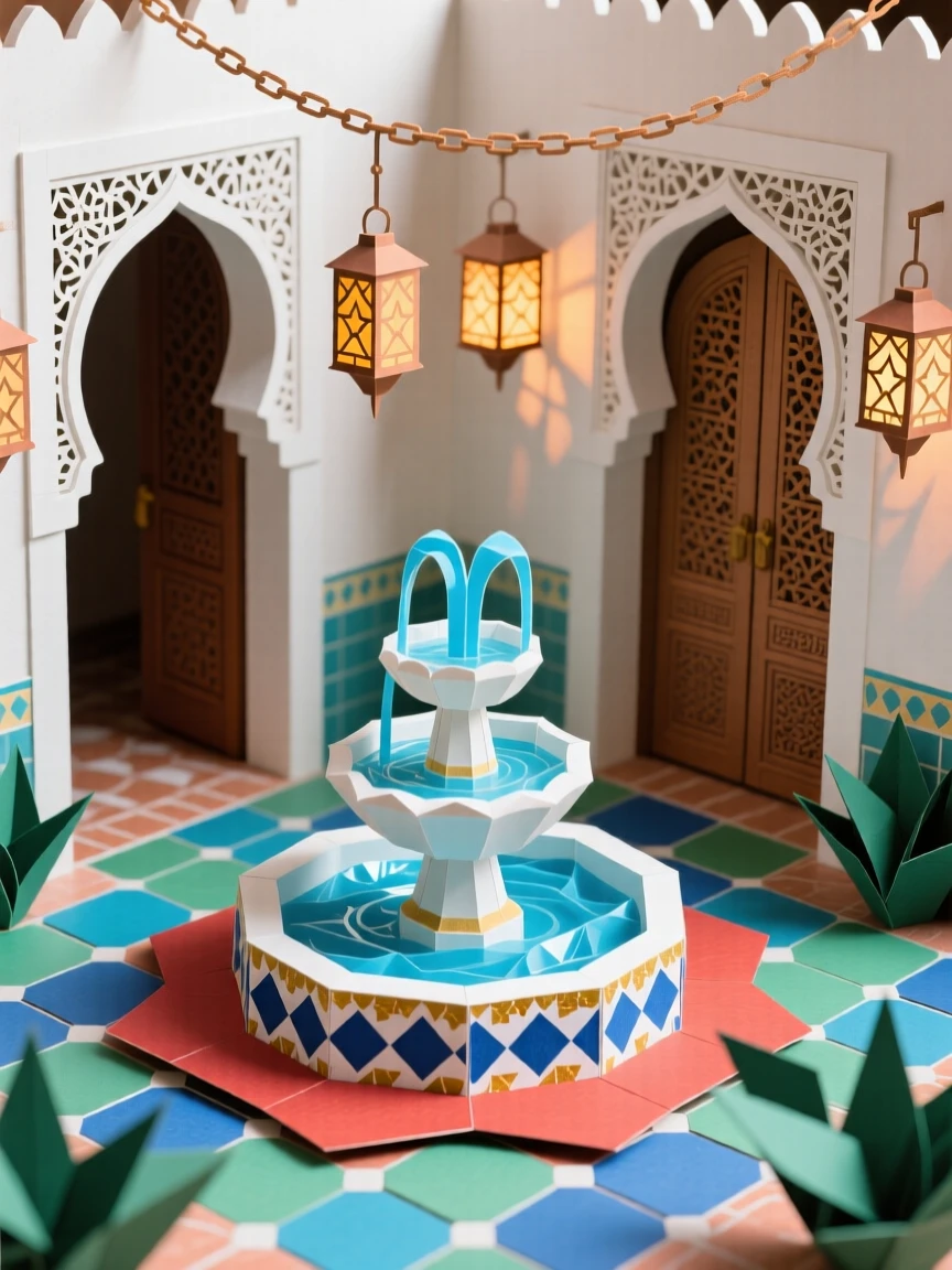 A colorful Moroccan riad courtyard with a central tiled fountain, arched doorways, and hanging lanterns casting warm patterned shadows, evoking exotic tranquility.