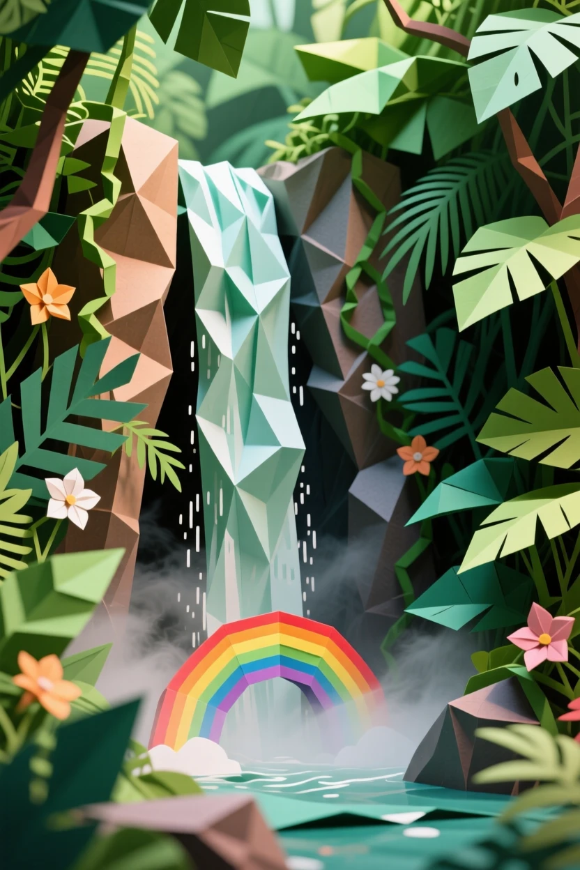 A secluded jungle waterfall with a rainbow forming in its misty spray.