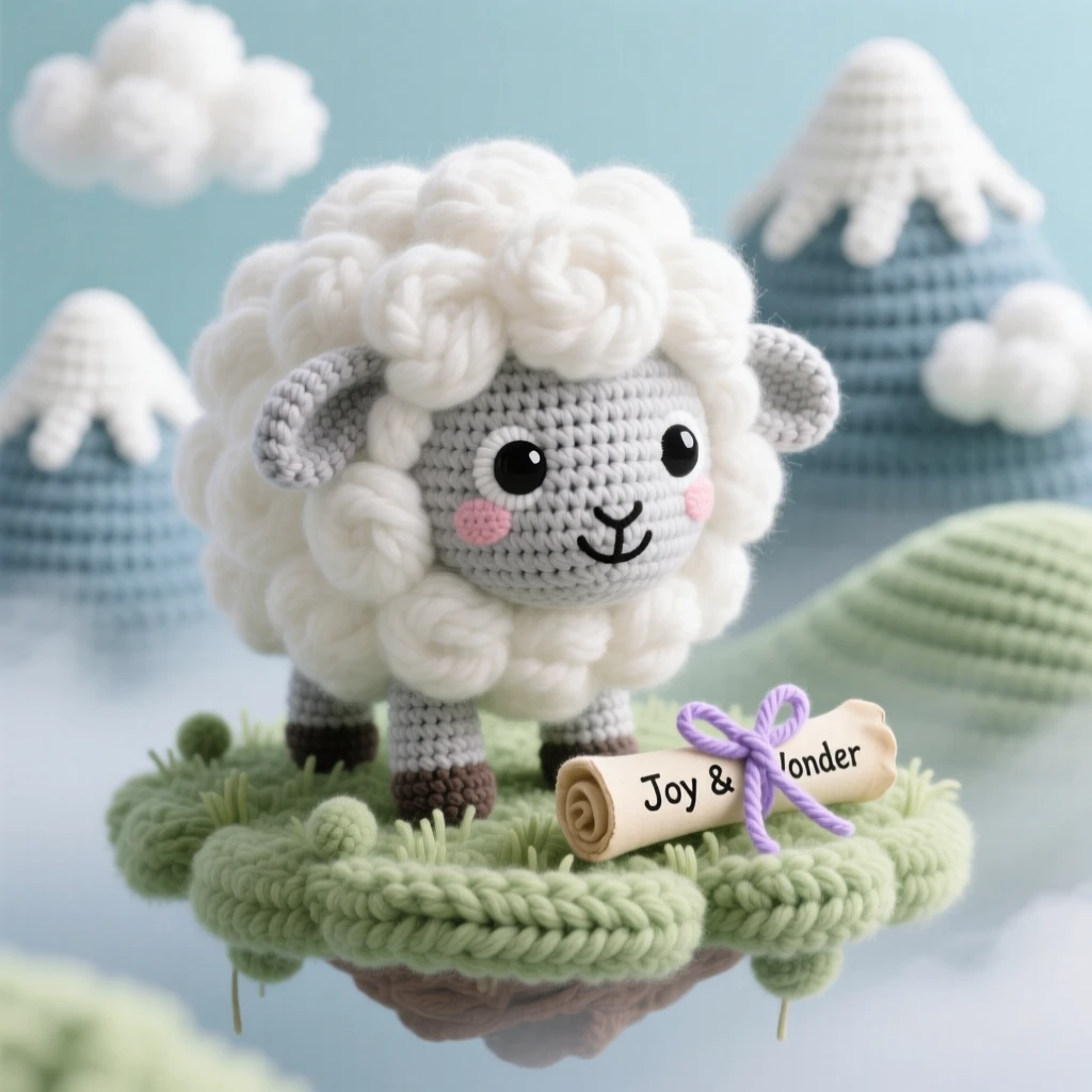 a round cloud sheep, made of soft fluffy cumulus fur, grazing on a floating meadow in the sky, within a misty mountain peak wrapped in soft clouds, near a tiny scroll tied with a ribbon, radiating joyful mischief and sparkling delight.