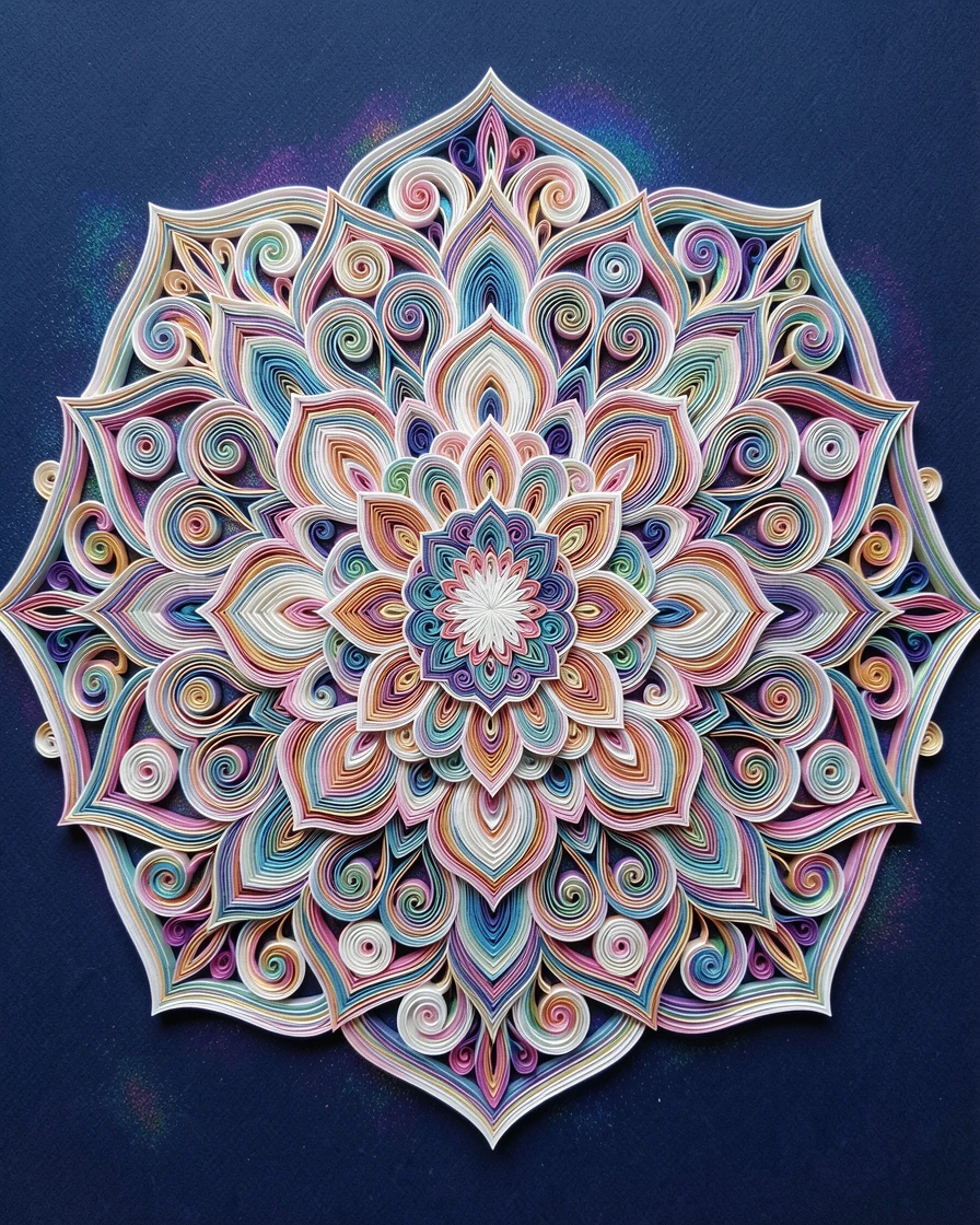 an ornate mandala radiating from a central rosette, displayed against a deep navy backdrop, built up in graduated layers of increasing size, with a subtle iridescent shimmer.