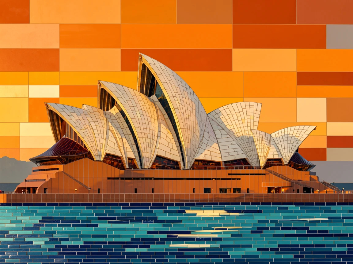 A breathtaking wide-angle view of the Sydney Opera House against a vivid orange sunset sky, with rich warm lighting and fine architectural detail.
