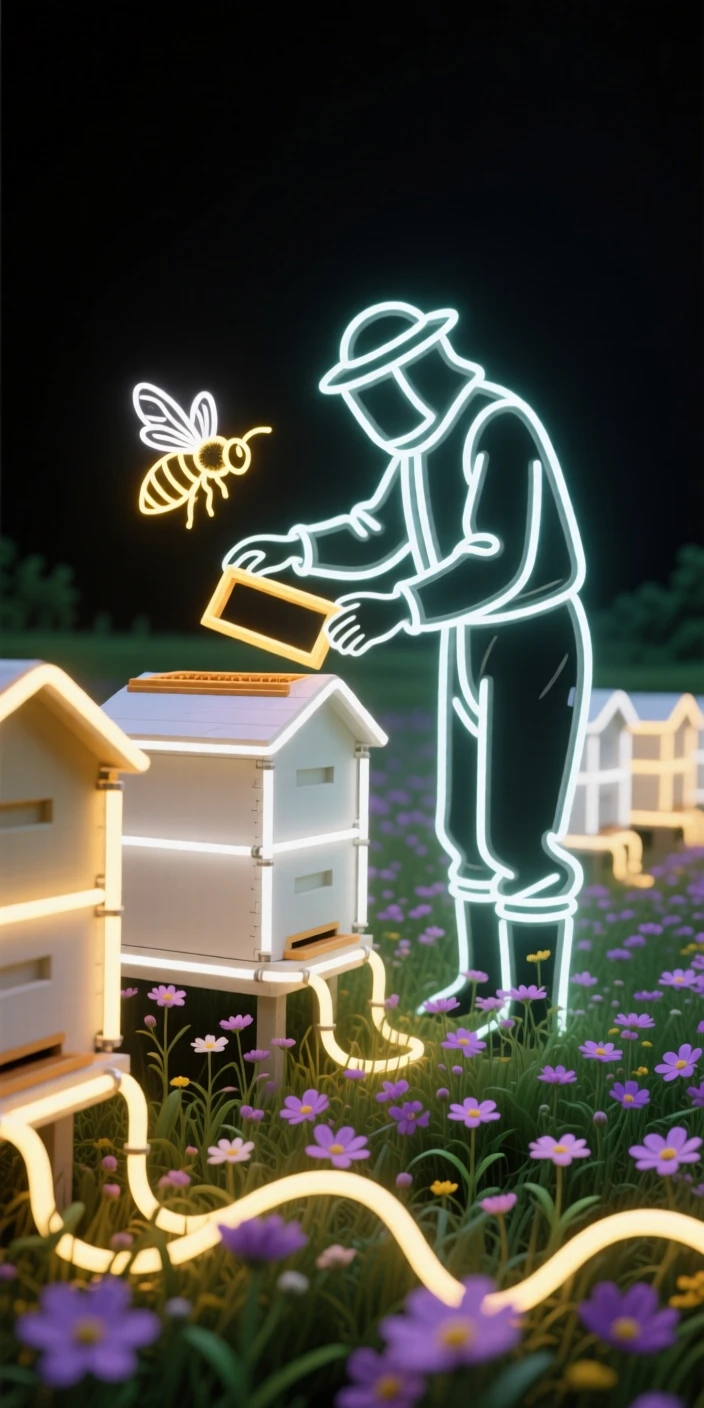A beekeeper tending to a row of hives in a wildflower field.