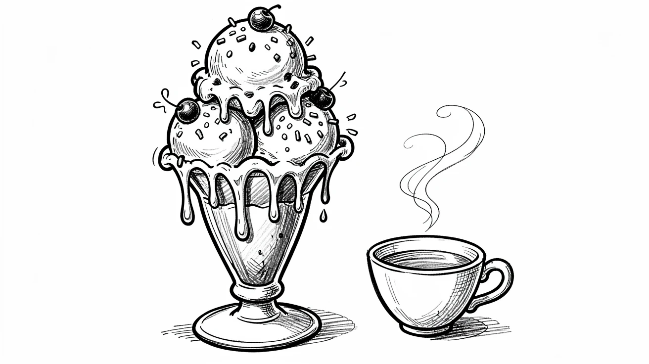 A giant ice cream sundae placed beside a cup of tea.