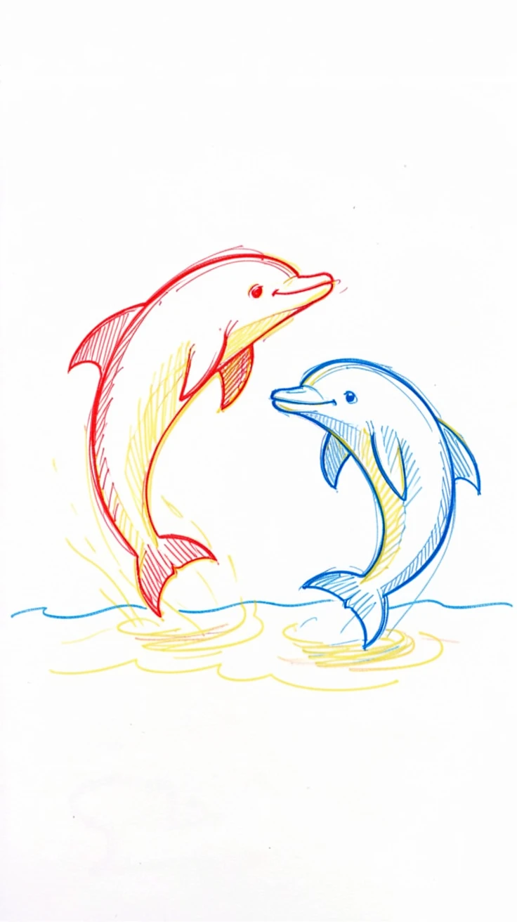 A pair of playful dolphins spinning together just above the water's surface