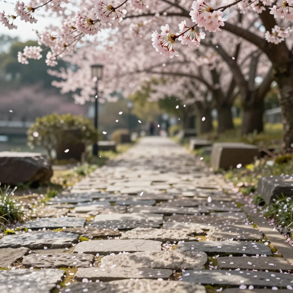 Cherry blossom petals drifting onto a quiet stone path
