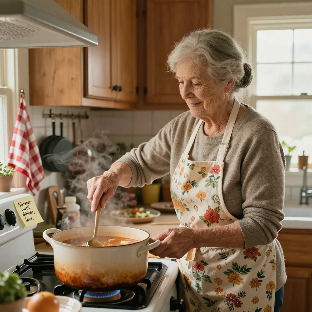 A grandmother stirs a giant pot of soup that has simmered all afternoon.
