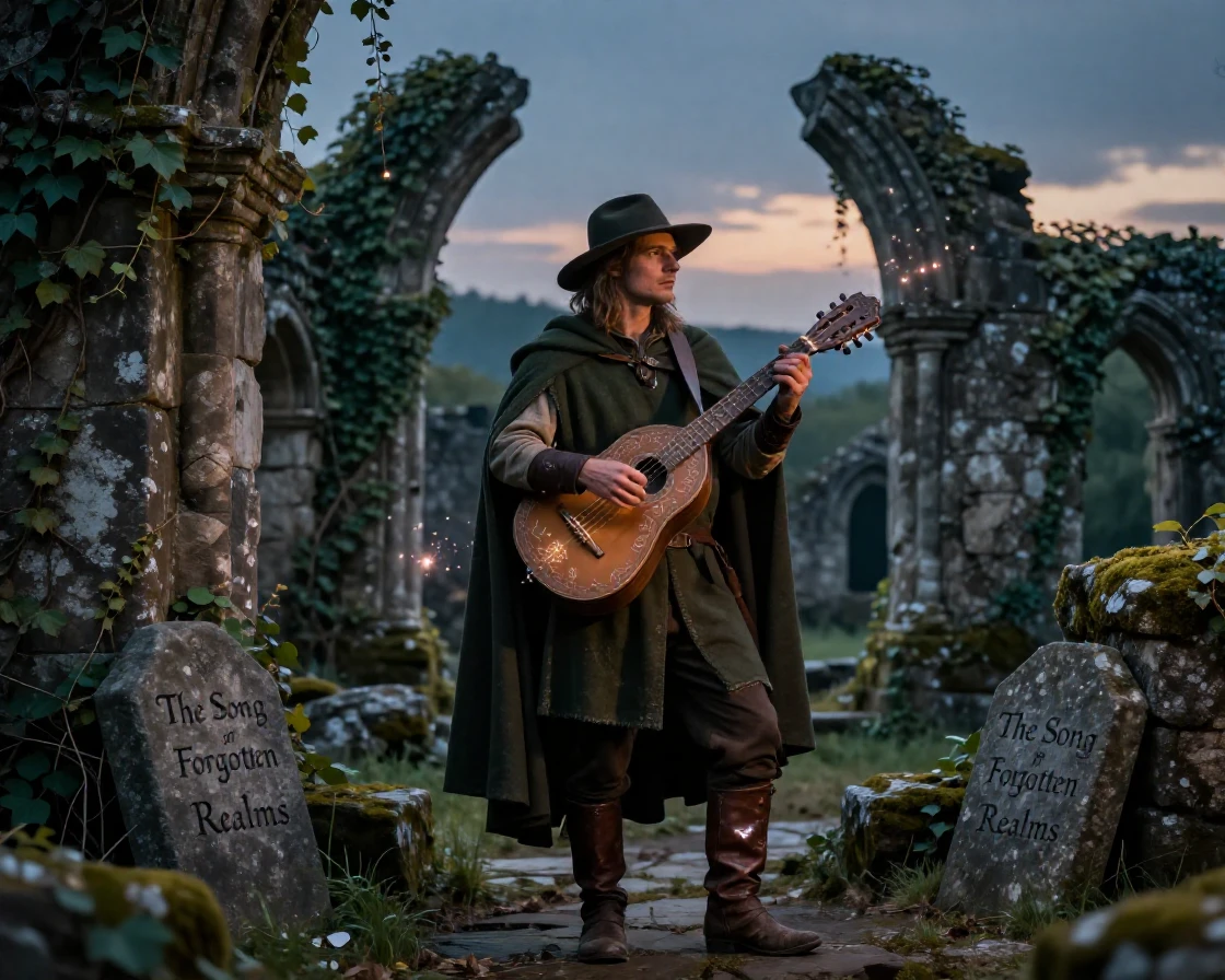 A wandering bard with an enchanted lute appearing within the ruins of a forgotten kingdom as magic fills the air