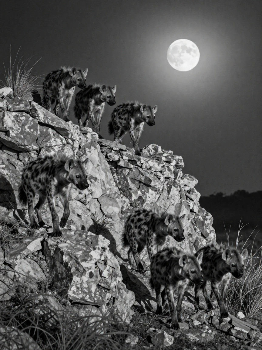 A pack of hyenas prowls along a rocky cliffside atop a moonlit rocky outcrop.
