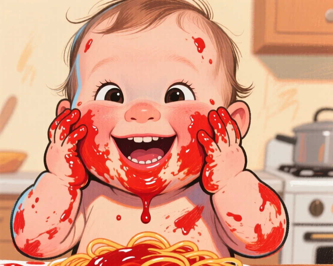 A toddler smearing spaghetti sauce all over his face while grinning proudly.