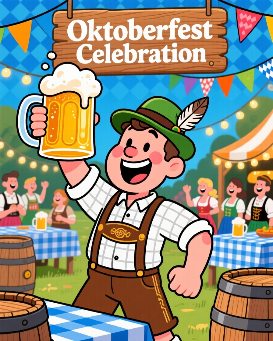 A festive celebration scene of a festive Oktoberfest scene with a jolly man in lederhosen raising an enormous beer mug.