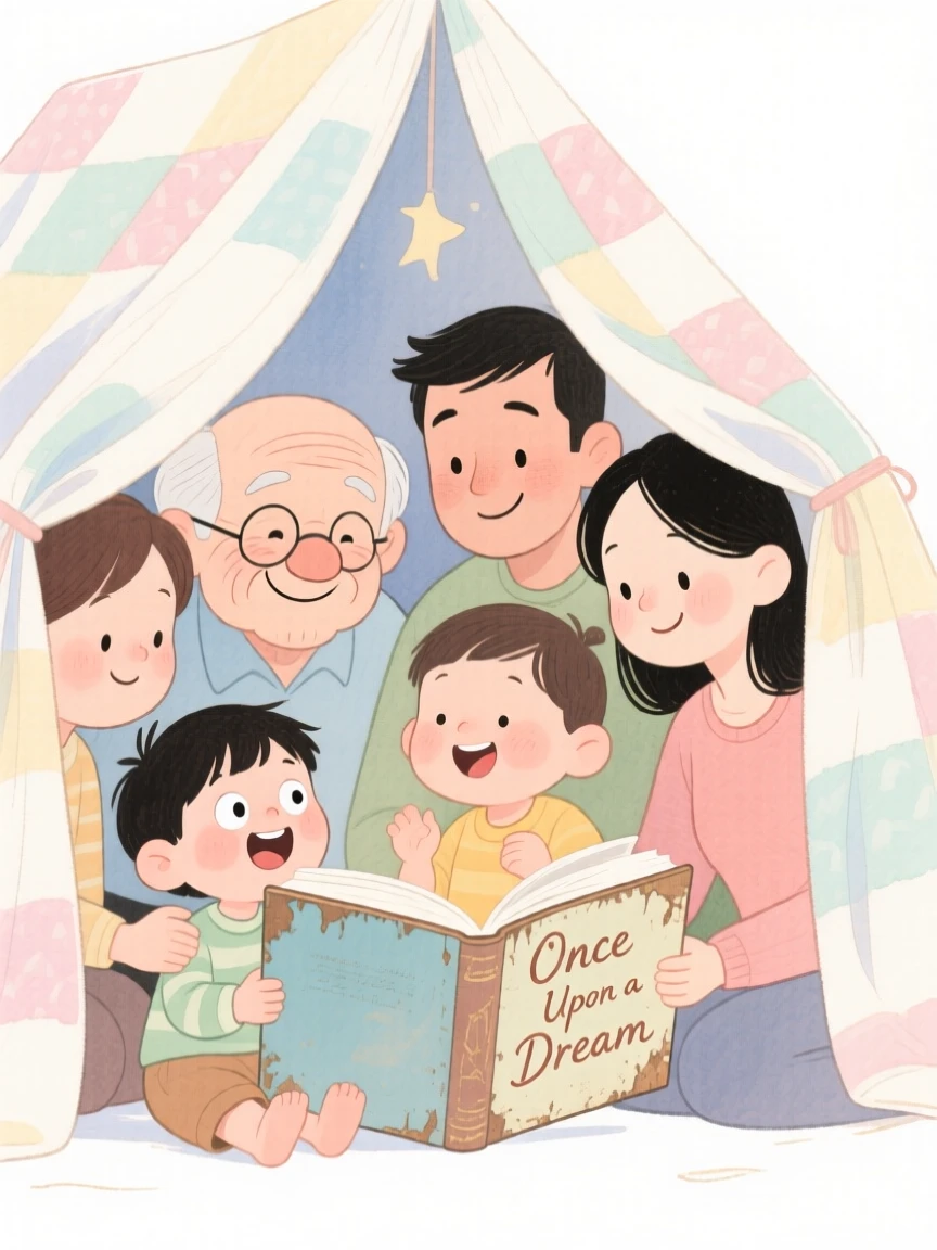 A big multigenerational family reading a bedtime story under a blanket fort
