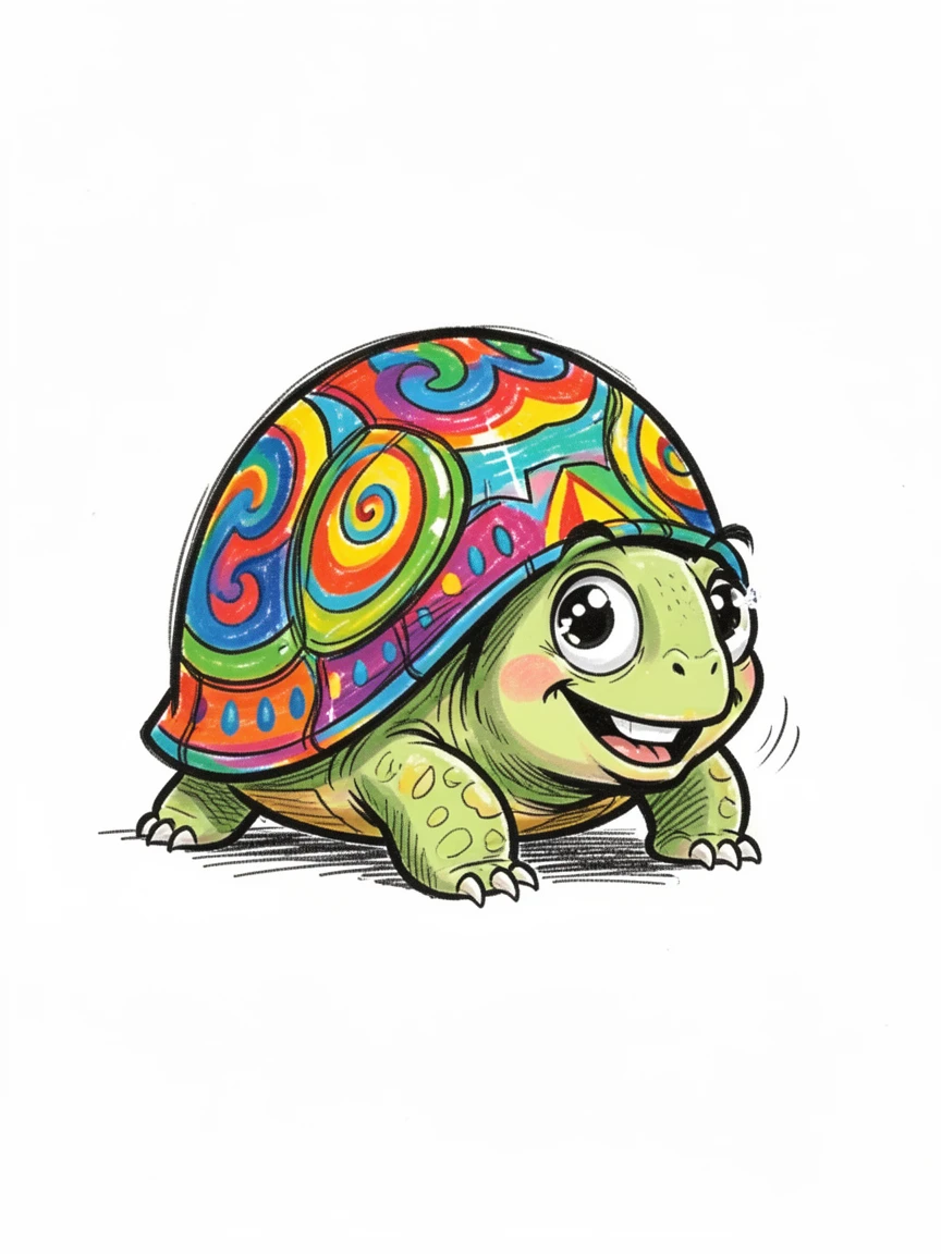 [Cute Animals & Pets] Adorable scene of a tiny turtle poking its head out of a colorful shell, bursting with charm and playful energy