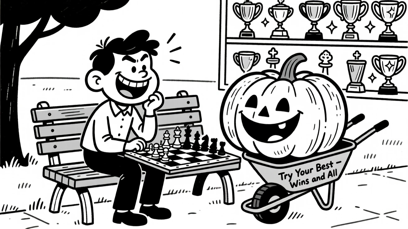 A chess player deep in dramatic thought, grinning ear to ear beside a pumpkin bigger than a wheelbarrow, set at a park bench chessboard. A trophy shelf gleams in the background. It's a joyful celebration of trying your best, wins and all.