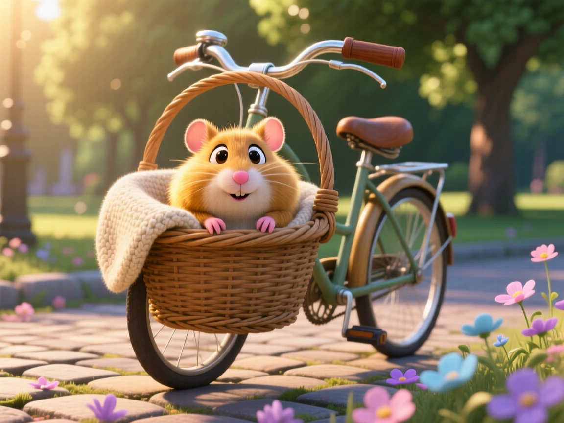A golden hamster is sitting in a vintage bicycle basket, nuzzling against a soft blanket. Playful joy radiates from the small creature, with a scattering of small flowers around it.