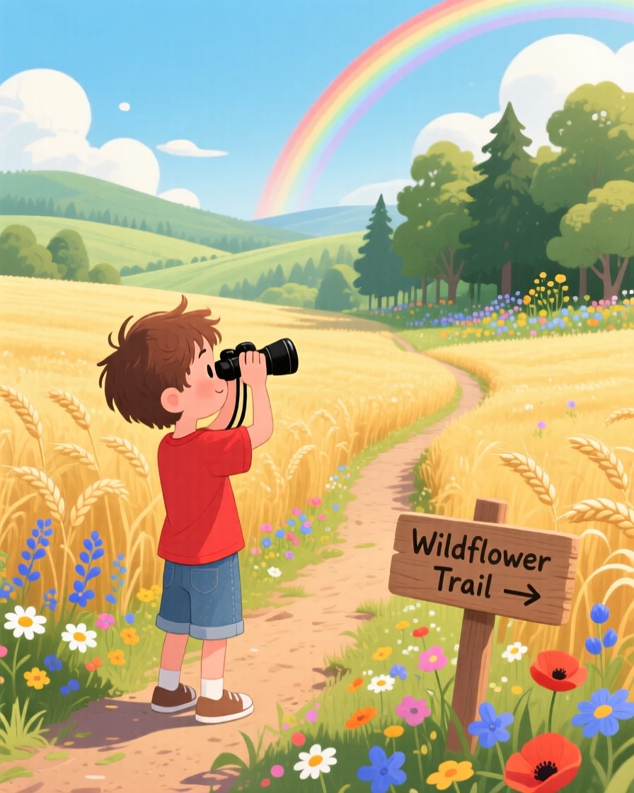 In a golden wheat field, a boy with binoculars is identifying wildflowers along a forest trail, while a rainbow arches faintly over the valley.