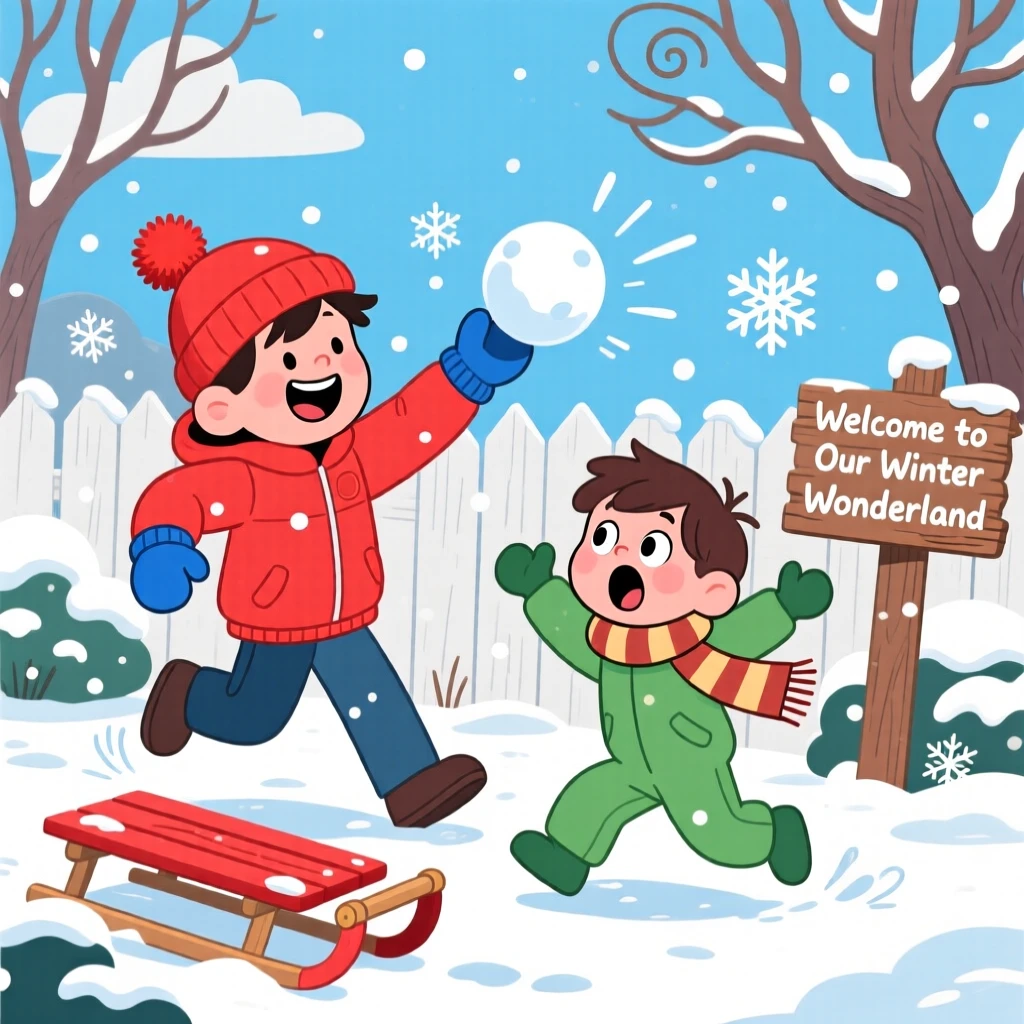 A snowball fight between siblings in a quiet backyard.
