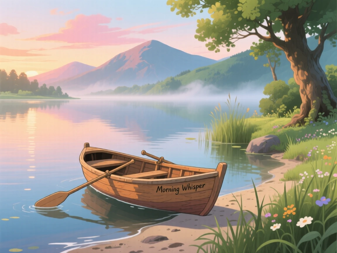 A charming scene of a rowboat resting on the shore of a quiet lake at dawn, framed by distant mountains.