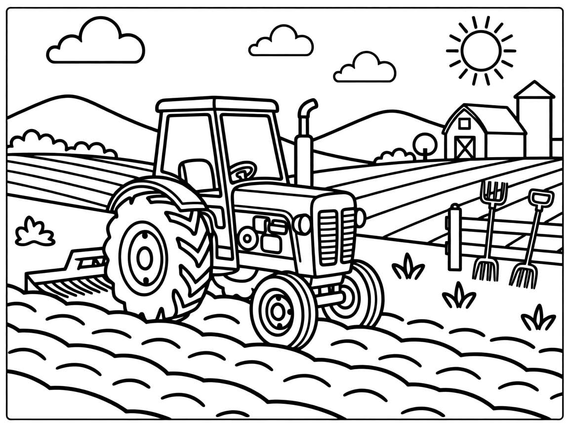 A classic red tractor plowing through a farm field