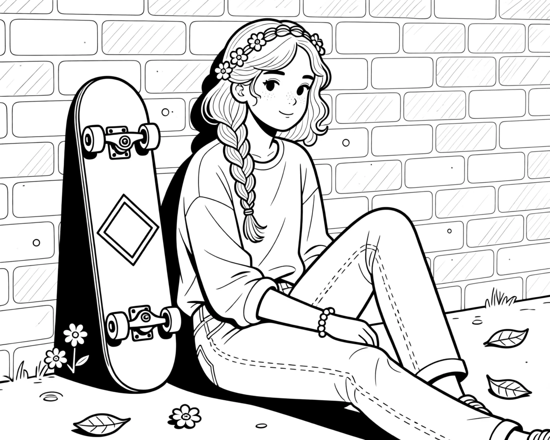 A braided hairstyle woven with small flowers, paired with a skateboard leaning against a brick wall.