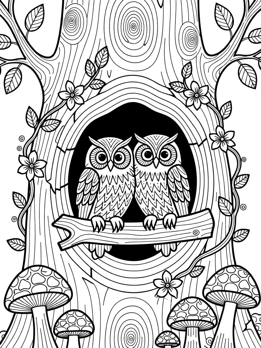 A pair of owls nestled in a hollow tree trunk.