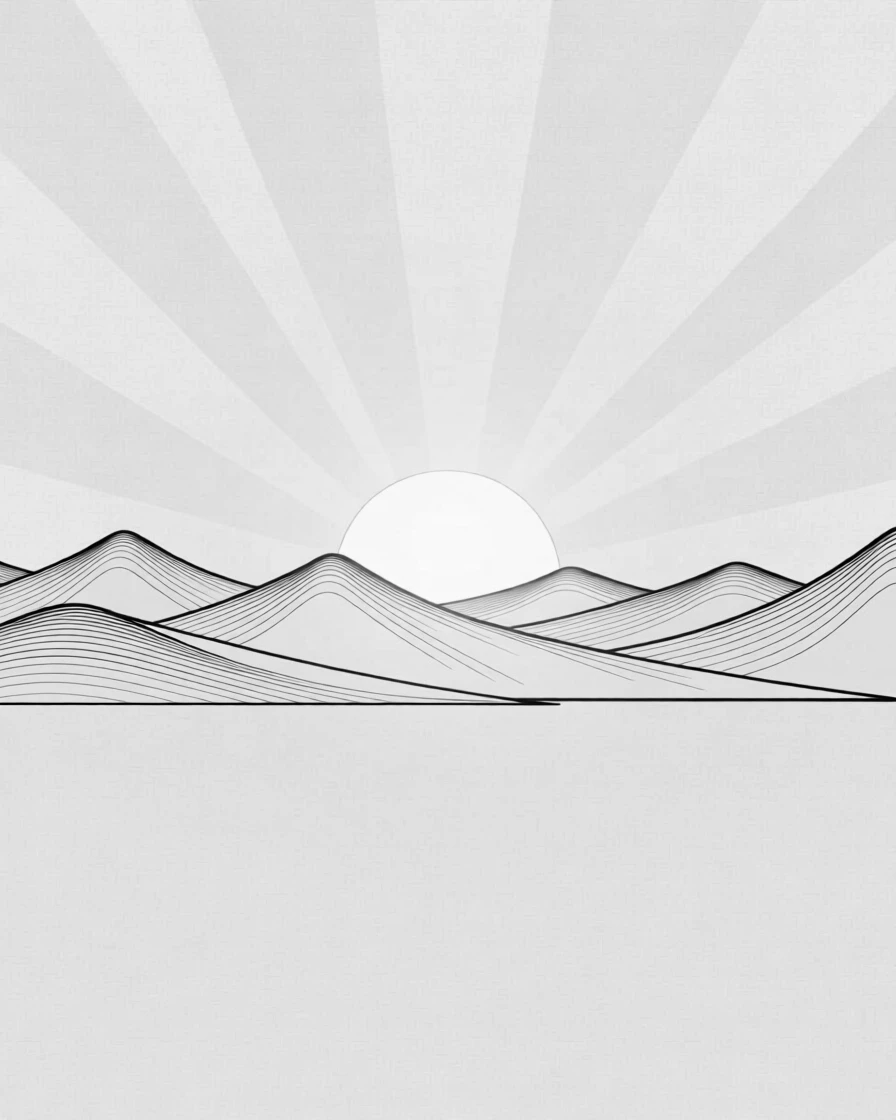 A glowing sunset silhouetting a row of distant mountains