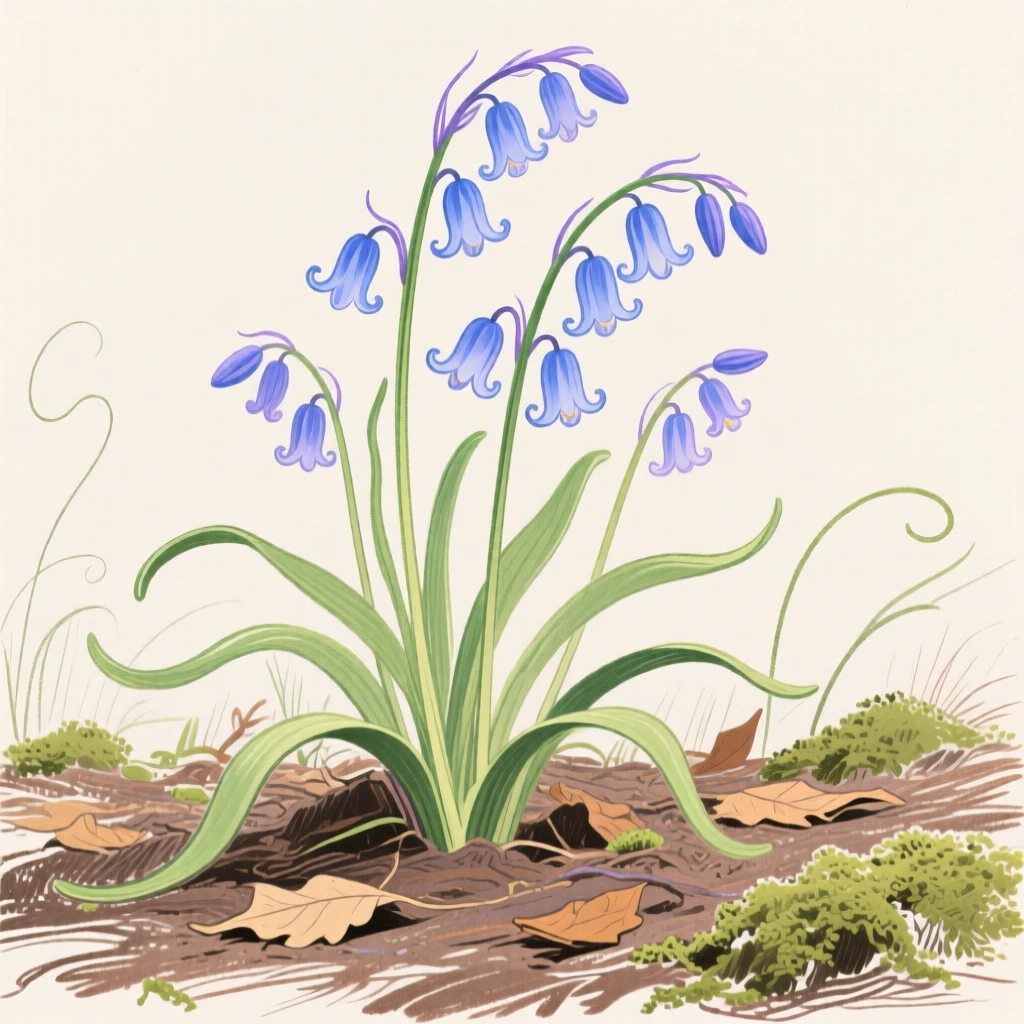 A cluster of wild bluebells carpeting a forest floor.