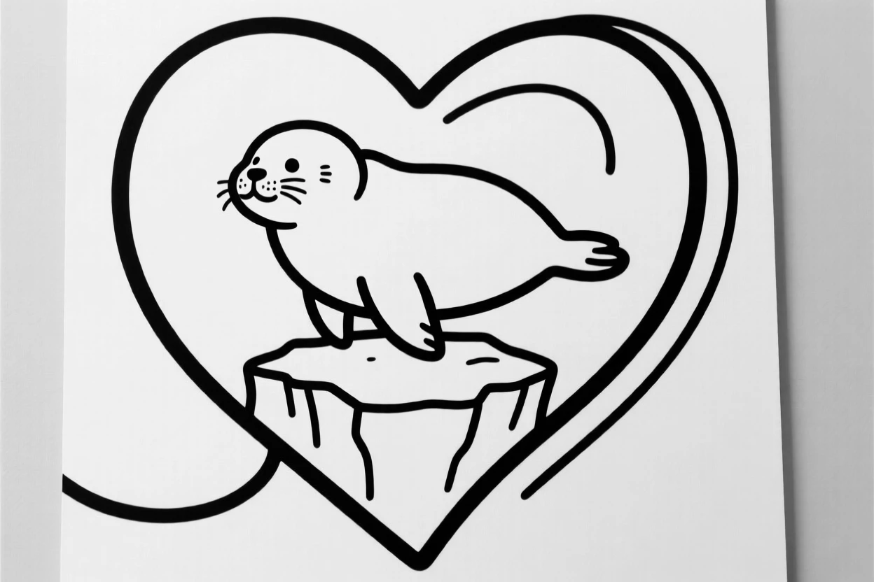 A chubby baby seal balancing on an iceberg shaped like a heart.