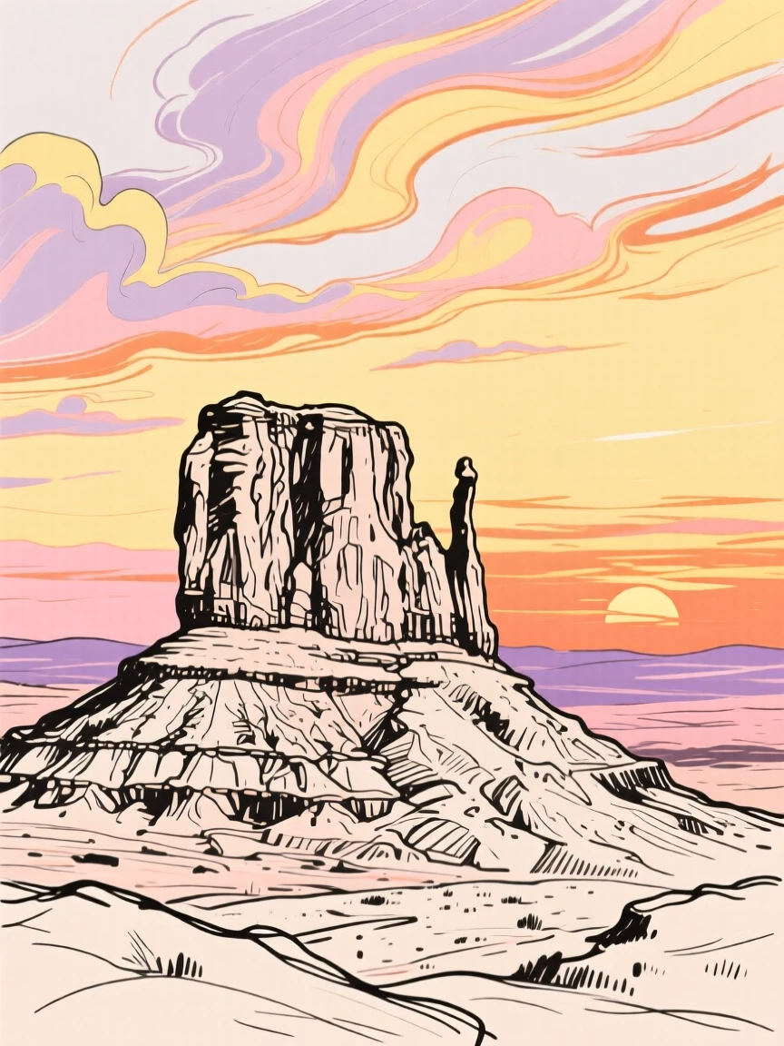 A rocky desert mesa glowing under a dramatic sunset sky.