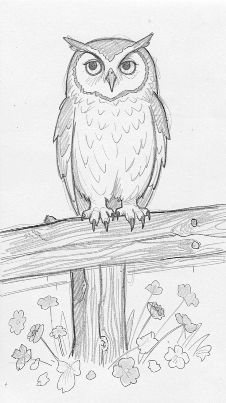 A wise-looking owl perched on an old wooden fence, among scattered wildflower petals.