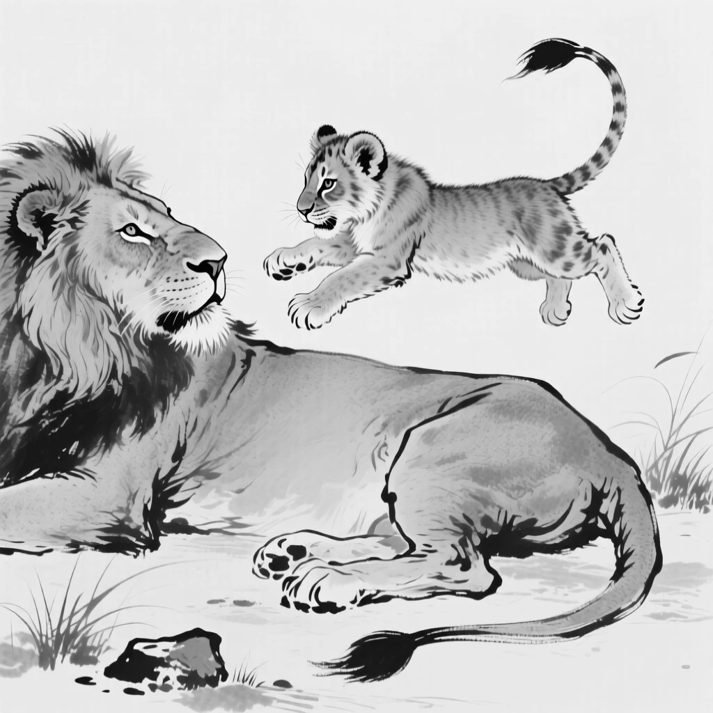 A young lion cub playfully pouncing on its mother's tail.