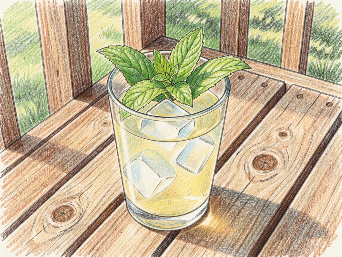 A cup of iced lemonade garnished with mint on a sunny porch table, arranged casually on a rustic wooden surface, celebrating the joy of shared meals and gatherings.