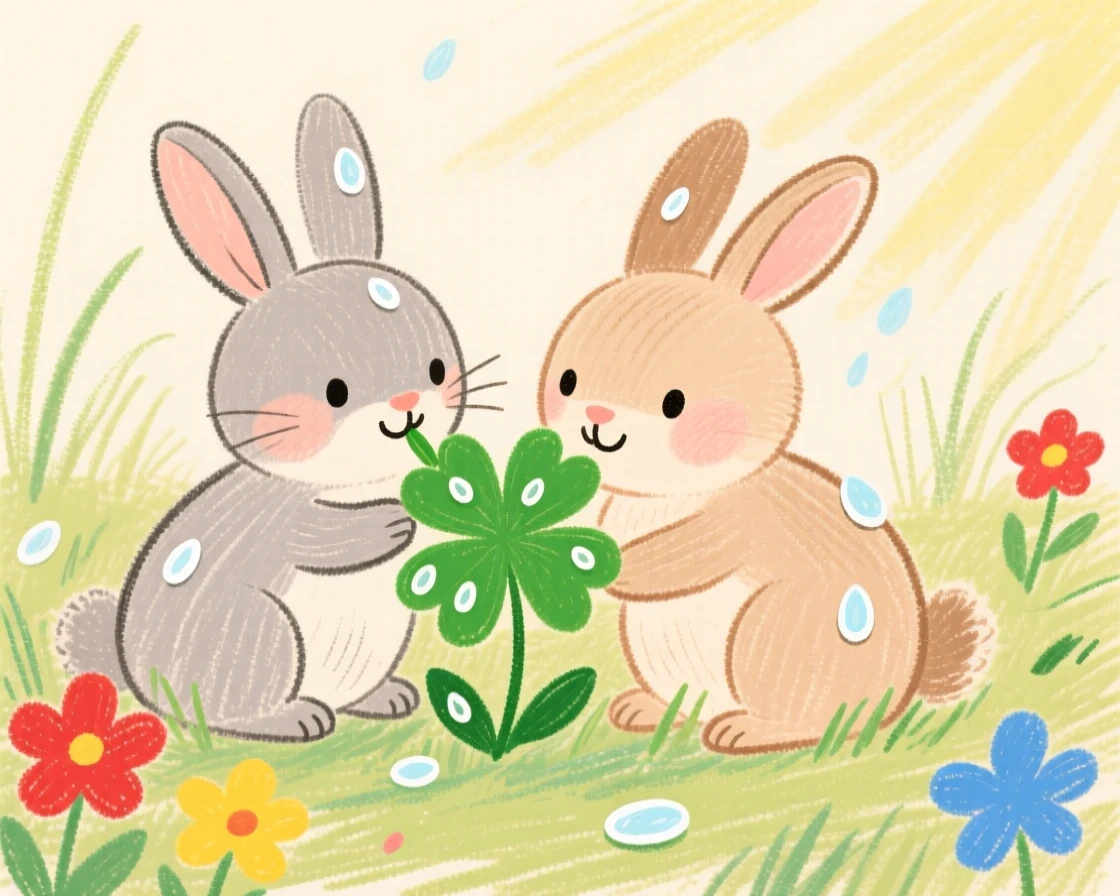 A pair of bunny rabbits nibbling clover in a dewy morning garden.