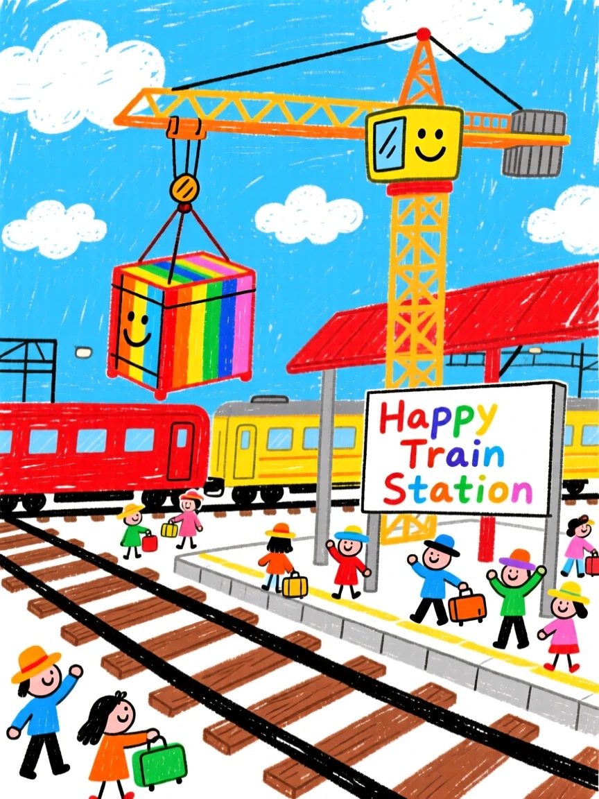 A bustling construction crane loading up at a bustling train station.
