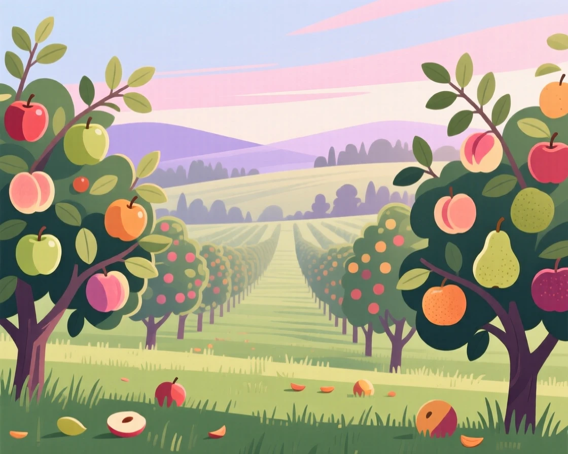 A peaceful orchard heavy with ripe fruit in late summer, under a soft pastel morning sky, arranged with a clear foreground, midground, and background, with a fresh, crisp clarity that highlights every detail.