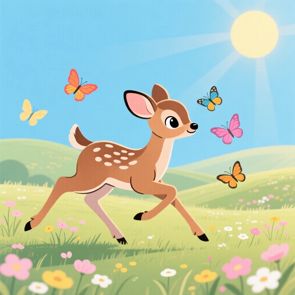 A playful fawn chasing butterflies in a sunny meadow.