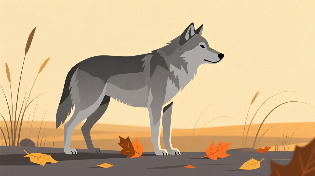 A gray wolf pausing to look around in a savanna at golden hour, near scattered autumn leaves, giving off a sense of calm contentment.