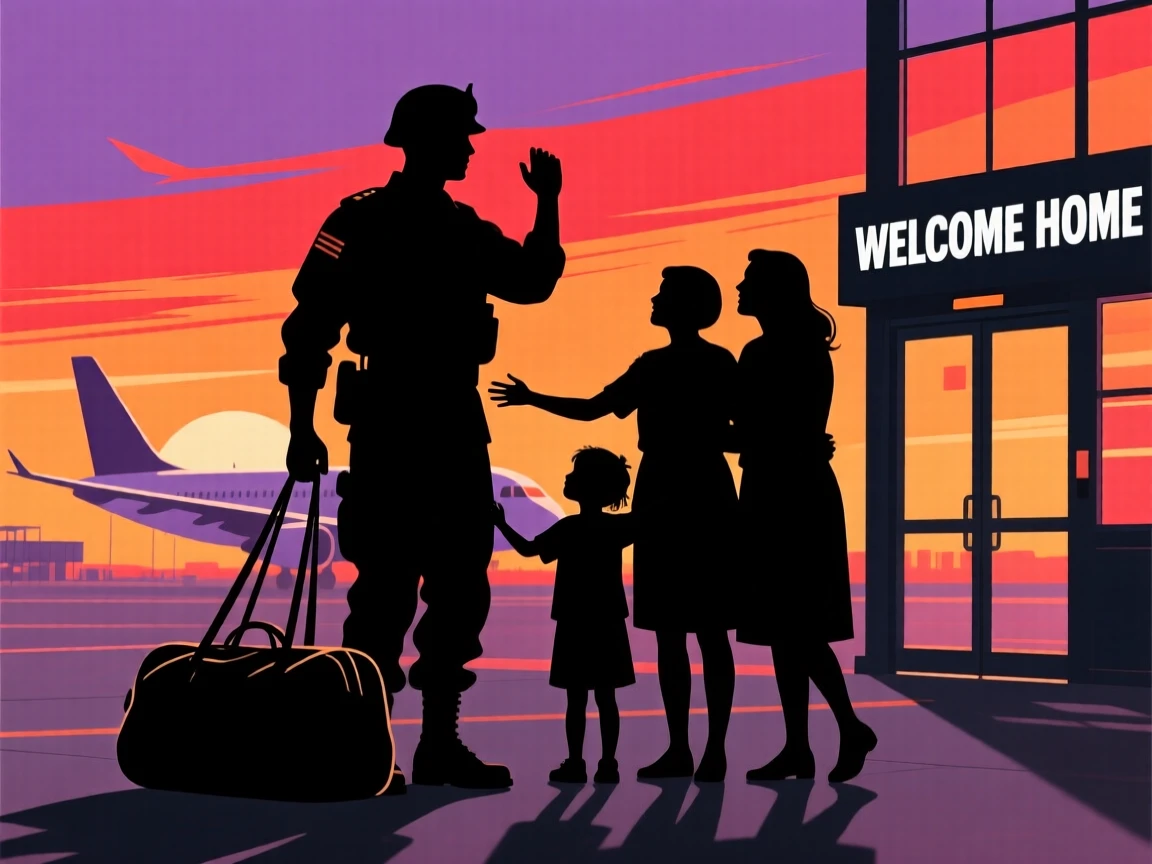 A soldier dropping his duffel bag to embrace his family at an airport reunion.