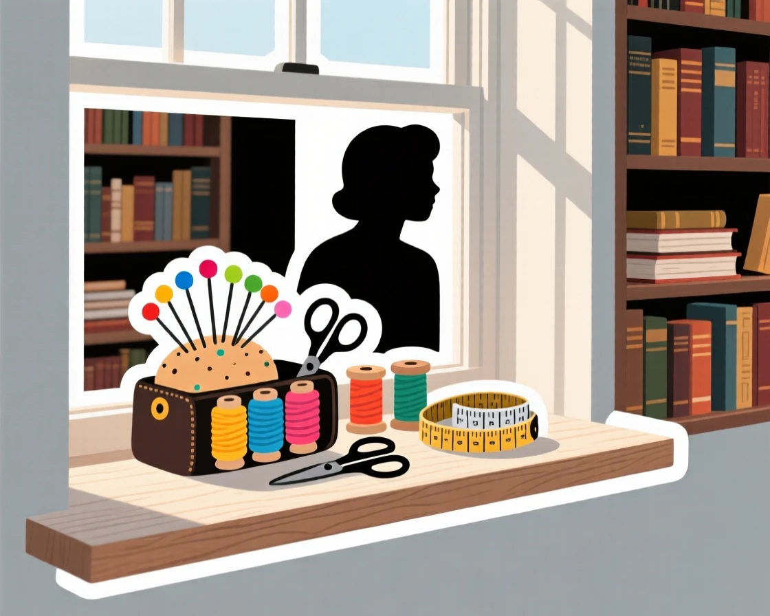 A charming sewing kit with pins and thread, resting on a windowsill in the morning light, in a study filled with books.